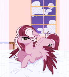 Size: 1934x2160 | Tagged: safe, artist:unichan, oc, oc only, oc:dusty ember, pegasus, pony, bed, commission, cute, simple background, solo, window, ych result