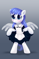 Size: 1500x2250 | Tagged: safe, artist:ariamidnighters, oc, oc:snow pup, pegasus, pony, bipedal, blushing, clothes, collar, gradient background, heart eyes, maid, pet tag, skirt, skirt pull, socks, spread wings, wingding eyes, wings