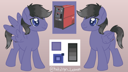 Size: 1080x607 | Tagged: safe, artist:xsailornekox, oc, oc only, oc:shadow gloom, pegasus, pony, commission, cute, reference sheet, simple background, solo, welder