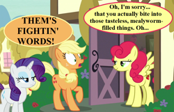 Size: 924x594 | Tagged: safe, edit, edited screencap, editor:korora, screencap, applejack, rarity, strawberry sunrise, g4, honest apple, angry, applejack's hat, backhanded apology, cowboy hat, cropped, dialogue, hat, ponyville, speech bubble, strawberry savage, that pony sure does hate apples
