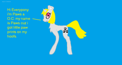 Size: 1606x852 | Tagged: safe, artist:pawstheartest, oc, oc only, pony, unicorn, blue background, chest fluff, female, horn, mare, paw prints, simple background, solo, talking, unicorn oc