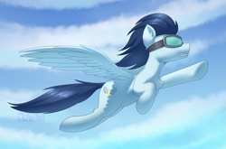 Size: 1693x1119 | Tagged: safe, artist:puetsua, soarin', pegasus, pony, g4, cloud, flying, goggles, gritted teeth, male, old cutie mark, signature, sky, solo, spread wings, stallion, wings