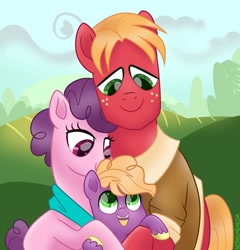 Size: 1280x1332 | Tagged: safe, artist:neondromeda, big macintosh, little mac, sugar belle, earth pony, pony, unicorn, g4, the last problem, colt, family, father and child, father and son, female, hug, like father like son, like mother like son, like parent like child, male, mare, mother and child, mother and son, older big macintosh, older sugar belle, ship:sugarmac, shipping, stallion, straight