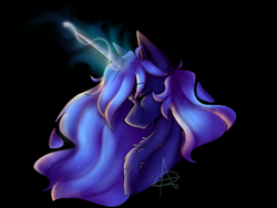 Size: 1200x900 | Tagged: safe, artist:d3uzz4owo, princess luna, alicorn, pony, g4, black background, bust, chest fluff, eyes closed, female, glowing horn, horn, mare, portrait, signature, simple background, smiling, solo