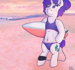 Size: 3356x3127 | Tagged: safe, artist:legionsunite, oc, oc only, oc:magenta pulse, pony, unicorn, semi-anthro, arm hooves, beach, belly button, bikini, clothes, female, high res, mare, solo, sunset, surfboard, swimsuit