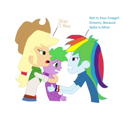 Size: 1568x1574 | Tagged: safe, applejack, rainbow dash, spike, equestria girls, g4, angry, applespikedash, bisexual, female, fight, lesbian, male, polyamory, ship:applespike, ship:rainbowspike, shipping, straight