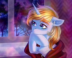 Size: 2691x2197 | Tagged: safe, artist:hakaina, oc, oc only, oc:skydreams, pony, unicorn, blanket, earbuds, female, high res, looking away, mare, solo, tree, window