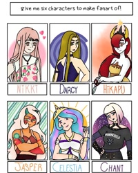 Size: 768x960 | Tagged: safe, artist:lunaregueira, princess celestia, gem (race), human, g4, bust, clothes, crossed arms, crossover, darcy (winx club), female, fingerless gloves, gem, gloves, hekapoo, humanized, jasper (mineral), jasper (steven universe), jewelry, love nikki-dress up queen, mineral, nail polish, necklace, quartz, red striped jasper, six fanarts, smiling, spoilers for another series, star vs the forces of evil, steven universe, steven universe future, tiara, winx club