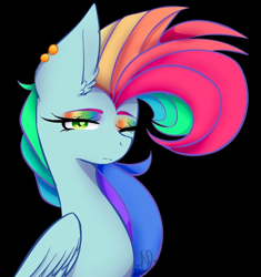 Size: 825x876 | Tagged: safe, artist:flutterwishs143, oc, oc only, oc:rainbow blitz, pegasus, pony, art trade, black background, bust, ear piercing, earring, jewelry, magical lesbian spawn, multicolored hair, offspring, parent:fluttershy, parent:rainbow dash, parents:flutterdash, piercing, portrait, rainbow hair, rainbow makeup, simple background, solo