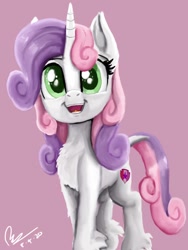 Size: 768x1024 | Tagged: safe, artist:raphaeldavid, sweetie belle, pony, unicorn, g4, chest fluff, cute, cutie mark, diasweetes, female, mare, pink background, signature, simple background, smiling, solo, the cmc's cutie marks, unshorn fetlocks