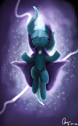 Size: 800x1280 | Tagged: safe, artist:raphaeldavid, trixie, pony, unicorn, g4, cape, clothes, eyes closed, female, floating, glowing horn, hat, horn, magic, mare, signature, solo, trixie's cape, trixie's hat