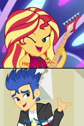 Size: 1280x1912 | Tagged: safe, artist:loladreamteam, edit, edited screencap, screencap, flash sentry, sunset shimmer, equestria girls, equestria girls specials, g4, my little pony equestria girls: better together, my little pony equestria girls: rainbow rocks, my little pony equestria girls: spring breakdown, female, geode of empathy, magical geodes, male, one eye closed, open mouth, ship:flashimmer, shipping, shipping domino, singing, straight, wink