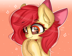 Size: 2312x1810 | Tagged: safe, artist:janelearts, apple bloom, earth pony, pony, g4, adorabloom, bow, cute, ear fluff, female, filly, hair bow, hooves together, signature, smiling, solo, sparkly eyes, underhoof, wingding eyes