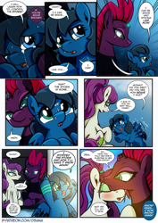 Size: 2480x3508 | Tagged: safe, artist:dsana, fizzlepop berrytwist, tempest shadow, oc, oc:lullaby dusk, oc:thistledown, earth pony, pegasus, pony, unicorn, comic:a storm's lullaby, g4, bandaged leg, blushing, broken horn, comic, female, filly, fluttering, high res, horn, mare, nuzzling, offscreen cute, runny nose, scar