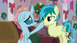Size: 1366x768 | Tagged: safe, screencap, ocellus, sandbar, changeling, earth pony, pony, g4, the hearth's warming club, background pony, boop, couch, cute, diaocelles, female, male, smiling