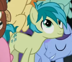 Size: 289x249 | Tagged: safe, screencap, november rain, sandbar, yona, earth pony, pony, g4, the end in friend, cropped, cute, friendship student, looking up, smiling, solo focus