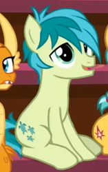 Size: 233x371 | Tagged: safe, screencap, sandbar, smolder, earth pony, pony, a matter of principals, g4, cropped, open mouth, sitting, smiling, solo focus