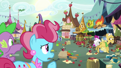 Size: 1920x1080 | Tagged: safe, screencap, berry punch, berryshine, cup cake, goldengrape, grand pear, minuette, sir colton vines iii, spike, g4, the big mac question, apple, food
