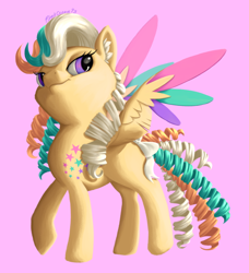 Size: 640x701 | Tagged: safe, artist:pinkocean93, ringlet, pegasus, pony, g1, drill hair, female, mare, pink background, rainbow curl pony, simple background, solo