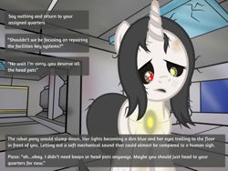 Size: 2400x1800 | Tagged: safe, artist:pizzamovies, oc, oc only, oc:piezo, pony, robot, robot pony, offscreen character, pov, sad, solo, strange waifu simulator, visual novel