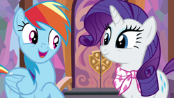 Size: 1280x720 | Tagged: safe, screencap, rainbow dash, rarity, pegasus, pony, unicorn, g4, the end in friend, duo, excited, female, mare