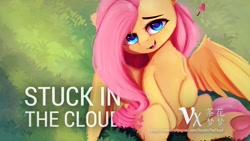 Size: 1280x720 | Tagged: safe, artist:miokomata, edit, fluttershy, pegasus, pony, g4, chest fluff, cute, cute little fangs, fangs, female, freckles, grass, heart, looking at you, lying down, mare, on back, open mouth, outdoors, promo, shyabetes, smiling, solo, spread wings, underhoof, wings