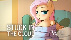 Size: 1280x720 | Tagged: safe, artist:spectre-z, edit, fluttershy, pegasus, pony, semi-anthro, g4, adorasexy, bed, bedroom eyes, chest fluff, clothes, cropped, cute, female, fluttershy's cottage (interior), human shoulders, indoors, lidded eyes, looking at you, mare, off shoulder, off shoulder sweater, open mouth, pillow, promo, sexy, solo, spread wings, sunlight, sweater, sweatershy, three quarter view, wings
