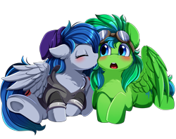 Size: 3215x2540 | Tagged: safe, artist:pridark, oc, oc only, pegasus, pony, blue eyes, blushing, clothes, commission, duo, eyes closed, goggles, high res, hoodie, kissing, open mouth, simple background, surprise kiss, transparent background, underhoof