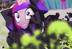 Size: 1818x1257 | Tagged: safe, screencap, princess cadance, pony, g4, my little pony: the movie, cropped, female, obsidian, petrification, smoke, solo focus, statue, unnamed character, unnamed pony