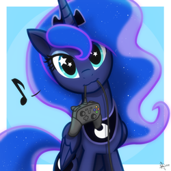 Size: 2048x2048 | Tagged: safe, artist:whitequartztheartist, princess luna, alicorn, pony, gamer luna, g4, blue mane, controller, cute, female, high res, looking at you, lunabetes, mouth hold, solo, starry eyes, wingding eyes