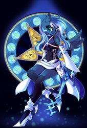 Size: 2720x4000 | Tagged: safe, artist:airiniblock, oc, oc only, oc:vivid tone, pegasus, anthro, plantigrade anthro, rcf community, clothes, commission, disney, ear fluff, female, kingdom hearts, mare, not luna, socks, solo, stolen art, thigh highs, trace, weapon