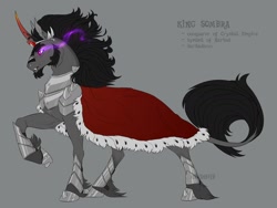 Size: 1600x1200 | Tagged: safe, artist:dementra369, king sombra, pony, unicorn, g4, armor, cape, clothes, colored horn, horn, leonine tail, male, solo, sombra eyes