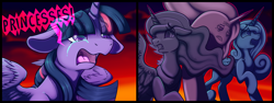 Size: 4096x1536 | Tagged: safe, artist:banoodle, princess cadance, princess celestia, princess luna, twilight sparkle, alicorn, pony, g4, my little pony: the movie, 4chan, coomer, crying, dialogue, drawthread, female, mare, open mouth, sad, speech bubble, statue, stone, sunset, twilight sparkle (alicorn), word bubble, yelling