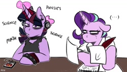 Size: 1200x675 | Tagged: safe, artist:lrusu, starlight glimmer, twilight sparkle, pony, unicorn, g4, ..., alternate universe, choker, ear piercing, earring, glowing horn, horn, jewelry, magic, piercing, punk, simple background, telekinesis, white background