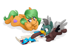 Size: 3500x2400 | Tagged: safe, artist:luximus17, oc, oc:andrew swiftwing, oc:duk, oc:kiwi nectar, bird, duck pony, cute, fangirling, gal pals, hanging out, high res, lying down, poster, prone, quack
