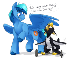 Size: 4153x3453 | Tagged: safe, artist:luximus17, oc, oc:ping wing, oc:umami stale, bird, pegasus, penguin, pony, do you even lift, duo, encouragement, flapping, lifting, male, meme, silly, stallion, straining