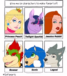 Size: 1827x2048 | Tagged: safe, artist:chocolatechipyoshi, twilight sparkle, hedgehog, human, koopa, unicorn, wolf, anthro, g4, anthro with ponies, beastars, bowser, bust, clothes, crossover, crown, female, gloves, horn, horns, jessica rabbit, jewelry, legosi (beastars), lipstick, male, mare, open mouth, princess peach, regalia, six fanarts, smiling, sonic the hedgehog, sonic the hedgehog (series), super mario bros., unicorn twilight, watermark, who framed roger rabbit