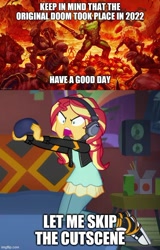 Size: 500x779 | Tagged: safe, edit, edited screencap, screencap, sunset shimmer, equestria girls, equestria girls series, g4, game stream, spoiler:eqg series (season 2), 2020, caption, controller, doom, doom guy, female, gamer sunset, image macro, imgflip, solo, sunset shimmer frustrated at game, text