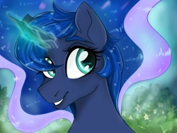 Size: 1024x768 | Tagged: safe, artist:d0shkakart0shka, princess luna, alicorn, pony, g4, bust, cute, female, glowing horn, horn, looking at you, lunabetes, mare, portrait, smiling, solo, three quarter view