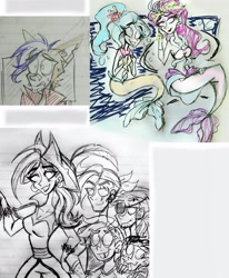 Size: 2510x3049 | Tagged: safe, artist:citi, capper dapperpaws, captain celaeno, princess skystar, queen novo, abyssinian, human, mermaid, seapony (g4), g4, my little pony: the movie, bubble, dorsal fin, eared humanization, fin, fish tail, high res, humanized, ocean, sketch, sketch dump, swimming, tail, underwater, water