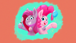Size: 2000x1125 | Tagged: safe, artist:phutashi, pinkie pie, earth pony, pony, g4, atg 2020, balloon, bust, duality, female, grin, hoof hold, hug, knife, looking at you, mare, newbie artist training grounds, open mouth, pinkamena diane pie, smiling