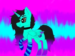 Size: 1080x809 | Tagged: safe, artist:applebutter.artz, oc, oc only, alicorn, pony, abstract background, alicorn oc, choker, clothes, horn, raised hoof, smiling, socks, solo, striped socks, wings