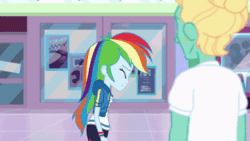 Size: 1280x720 | Tagged: safe, screencap, rainbow dash, zephyr breeze, dashing through the mall, equestria girls, equestria girls series, g4, holidays unwrapped, spoiler:eqg series (season 2), animated, clothes, cutie mark, cutie mark on clothes, female, geode of super speed, magical geodes, male, out of context, sound, webm