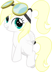 Size: 1854x2541 | Tagged: safe, artist:lightning stripe, derpibooru exclusive, oc, oc only, oc:luftkrieg, pegasus, pony, blank flank, blonde, commission, cute, female, filly, fluttering, flying, foal, goggles, grin, ocbetes, pegasus oc, ponytail, show accurate, simple background, smiling, solo, tail wrap, teal eyes, transparent background, vector, white coat, wings, yellow mane
