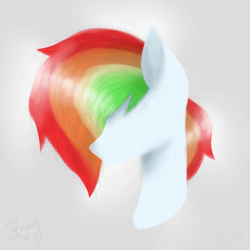 Size: 720x720 | Tagged: safe, artist:saladstarry, oc, oc only, earth pony, pony, bust, earth pony oc, gray background, multicolored hair, rainbow hair, simple background, solo