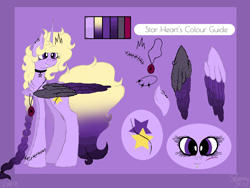 Size: 960x720 | Tagged: safe, artist:saladstarry, oc, oc only, oc:star heart, alicorn, pony, alicorn oc, braid, choker, female, horn, looking back, mare, reference sheet, solo, two toned wings, wings