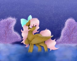 Size: 799x637 | Tagged: safe, artist:saladstarry, oc, oc only, pegasus, pony, bow, hair bow, looking back, night, outdoors, pegasus oc, solo, stars, tree, water, wings