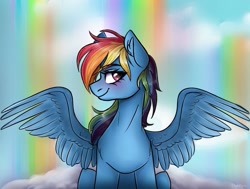 Size: 1280x970 | Tagged: safe, artist:d0shkakart0shka, rainbow dash, pegasus, pony, g4, cloud, female, looking at you, mare, on a cloud, profile, rainbow waterfall, sitting, sitting on a cloud, solo, spread wings, wings