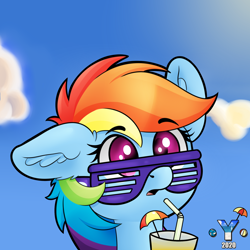 Size: 2000x2000 | Tagged: safe, alternate version, artist:yelowcrom, rainbow dash, pegasus, pony, bust, cloud, drink, ear fluff, female, glasses, mare, one ear down, open mouth, outdoors, shutter shades, simple background, solo, straw, summer, sunglasses, surprised