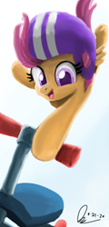 Size: 1080x2250 | Tagged: safe, artist:raphaeldavid, scootaloo, pegasus, pony, g4, female, filly, helmet, hoof hold, midair, open mouth, open smile, perspective, scooter, scooting, smiling, solo
